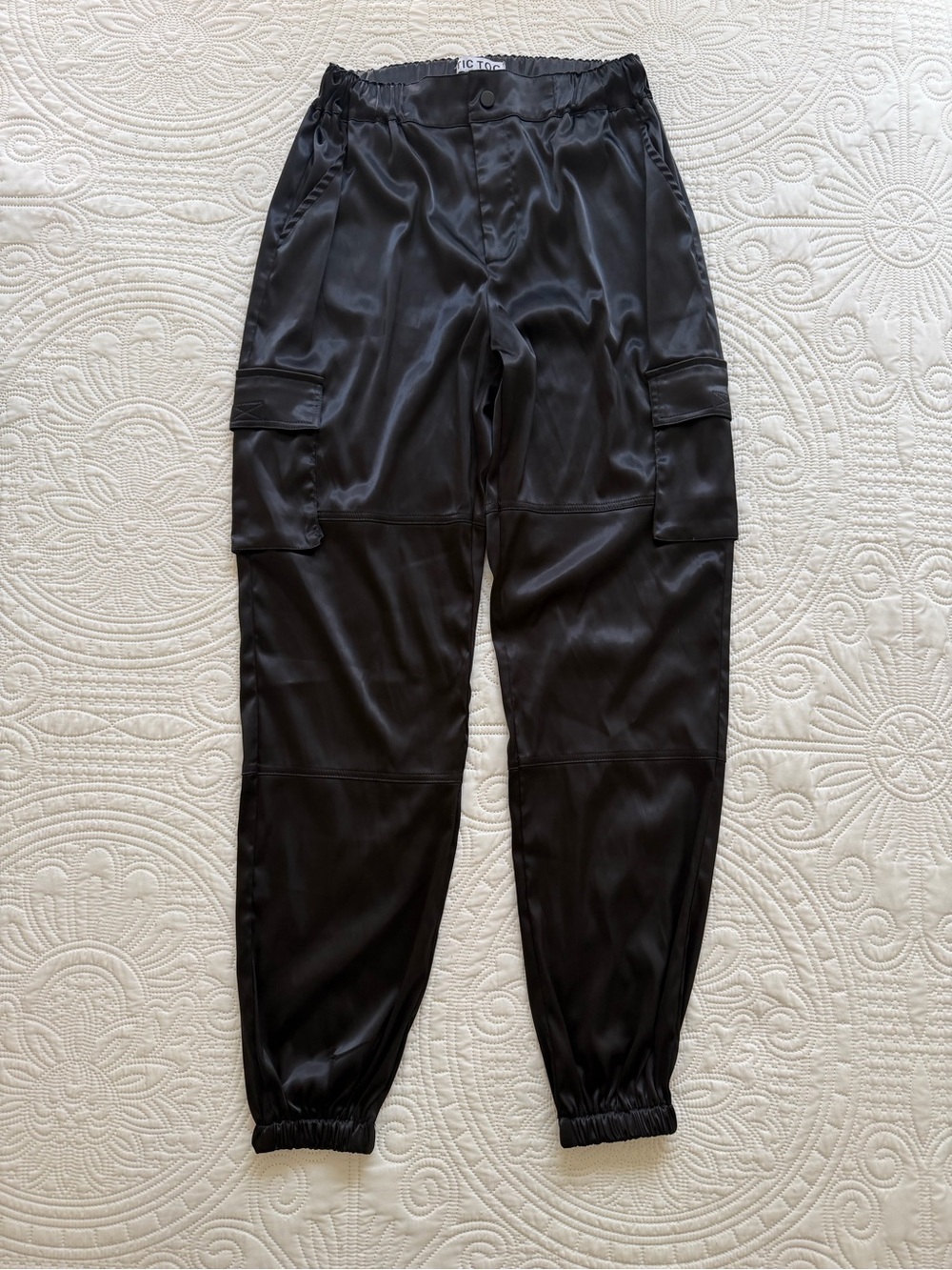 Black Satin-Like Cargo Joggers